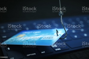 phishing credit card data with keyboard and hook symbol 3d illustration